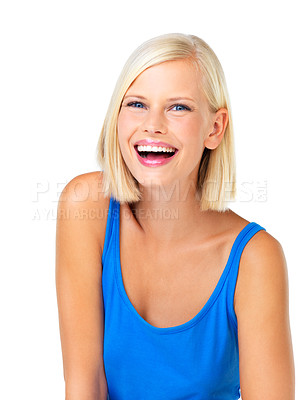 Buy stock photo Laughing, young woman and portrait of a person from Switzerland with happiness in studio. Isolated, white background and casual fashion of a female model feeling happy, excited and positive alone