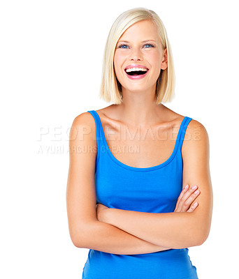 Buy stock photo Portrait, laugh and happy woman in studio, normal and relax on mockup, space, and white background. Face, laughter and girl model laughing, casual, young and confident, real and joy while isolated
