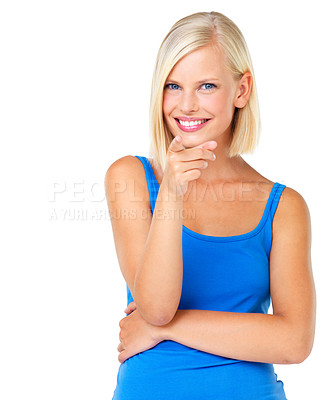 Buy stock photo Happy, portrait and woman pointing a finger in a studio for calling, direction or sign language. Happiness, smile and female model with a point gesture or hand sign isolated by a white background.