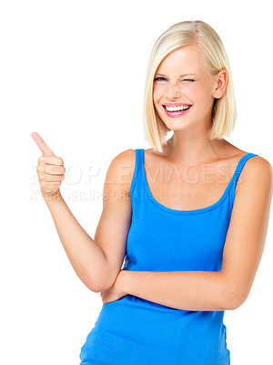 Buy stock photo Happy woman, portrait smile and thumbs up for good job, deal or well done isolated against a white studio background. Blond female standing and showing thumbsup hand gesture with wink for agreement