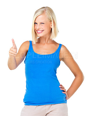 Buy stock photo Woman, portrait smile and thumbs up for good job, deal or well done isolated against a white studio background. Happy blond female standing and showing thumbsup hand gesture for agreement or winning