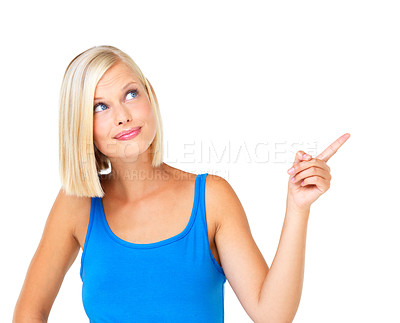 Buy stock photo Thinking, idea and pointing woman with mockup for promotion, branding or advertising. Product, offer or confused with customer isolated on white background for presentation, choice or discount