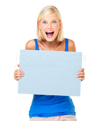 Buy stock photo Mockup, shocked and winner or woman with a board advertising, marketing and billboard for sale, deal or giveaway. Portrait of a female showing brand on a poster isolated in a studio white background