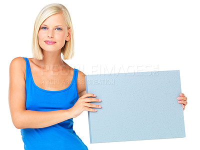 Buy stock photo Mockup, branding and woman holding poster advertising, marketing and billboard for sale, deal or giveaway. Portrait, blonde and female showing brand on a board isolated in a studio white background