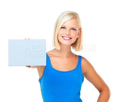 Buy stock photo Mockup, card and woman with paper advertising, marketing and billboard for sale, deal or giveaway. Portrait, branding and female showing brand on a board isolated in a studio white background