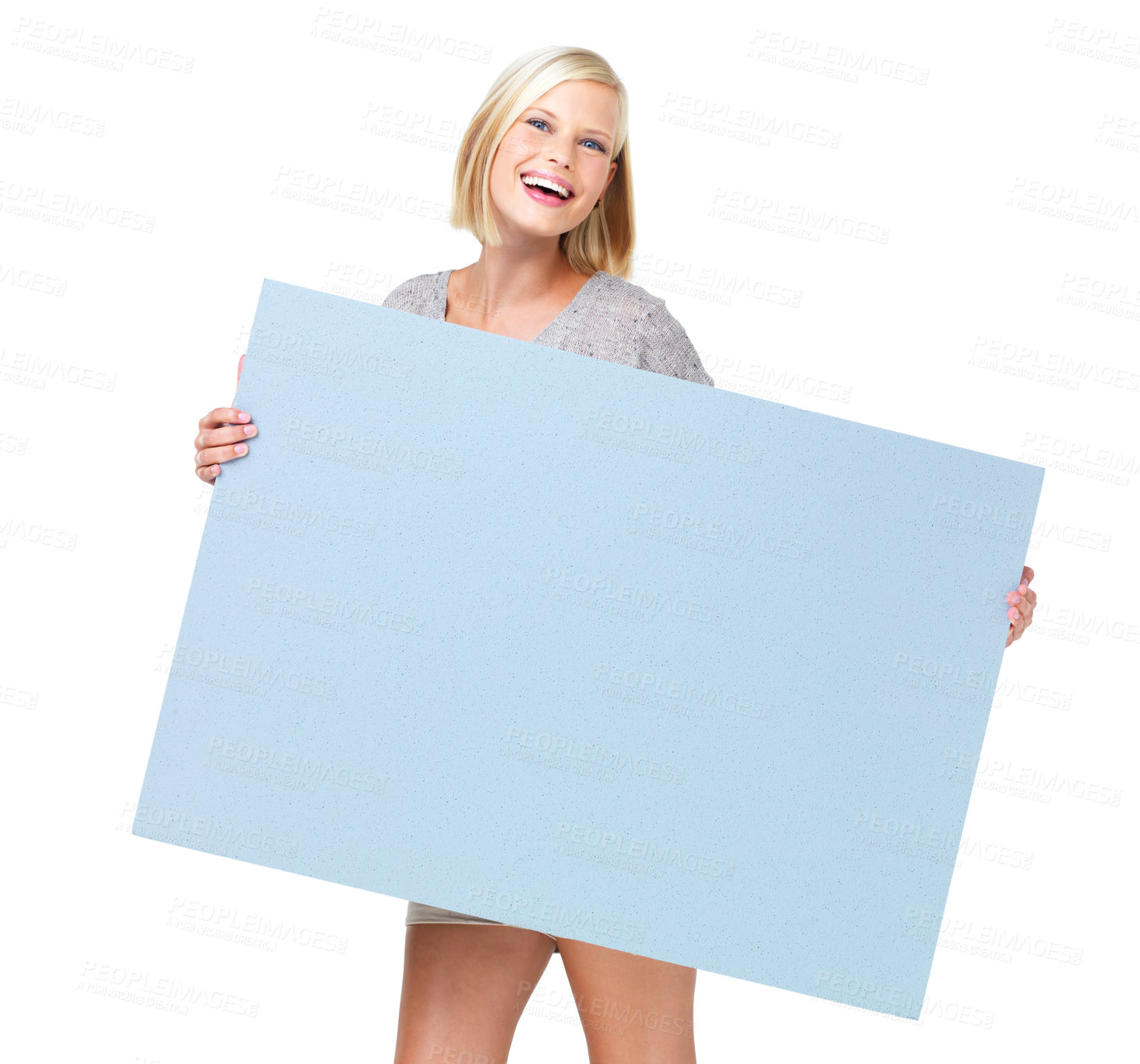 Buy stock photo Mockup, billboard and woman with poster marketing, advertising and branding for sale, deal or giveaway. Portrait, blonde and female showing brand on a board isolated in a studio white background