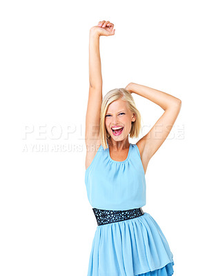 Buy stock photo Isolated, yes and happy with portrait of woman and mockup for celebration, motivation and success. Freedom, winner and goals with girl on white background studio for party, confident and wow