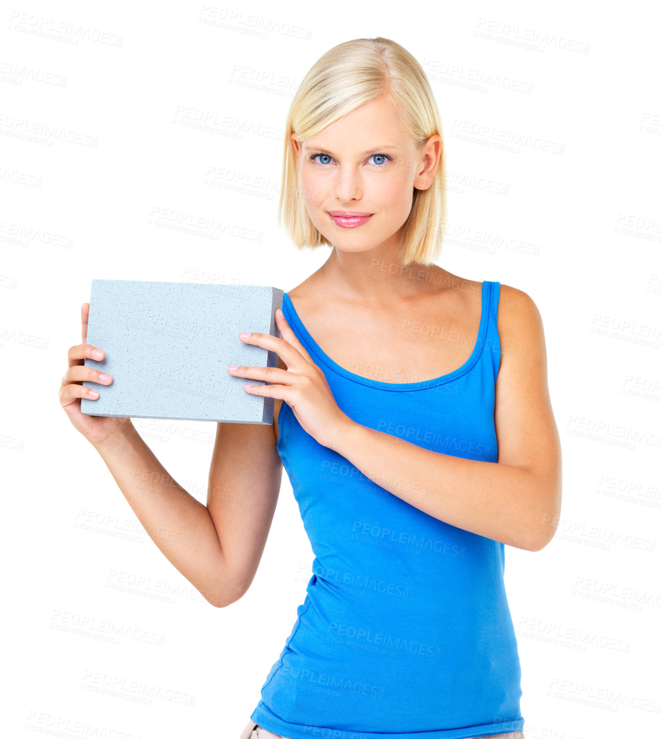 Buy stock photo Product, brand and woman holding box advertising, marketing and carton for sale, deal or giveaway. Portrait, blonde and female showing branding on a package isolated in a studio white background