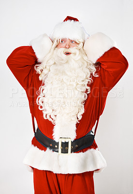 Buy stock photo Santa claus, hand and head for mistake forgot for holidays, Christmas celebration or shock. Male person, costume suit and hand gesture for problem stress, present gifts on white studio background