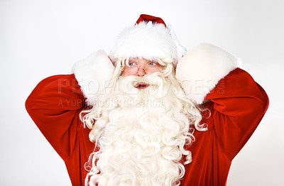 Buy stock photo Confused, santa claus and man in studio for wow, shock and surprise against a white background mockup. Christmas, costume and elderly man mind blown by good news, announcement and festive spirit