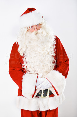Buy stock photo Portrait of father Christmas in studio with white background in a red costume for Christian winter holiday celebration. Marketing, senior or santa claus face with sales offer, promo or discount deals