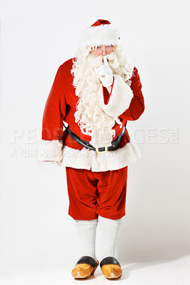 Buy stock photo Full length portrait of Santa instructing silence - isolated on white