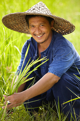 Buy stock photo Portrait of a worker in the rice fields of Thailand