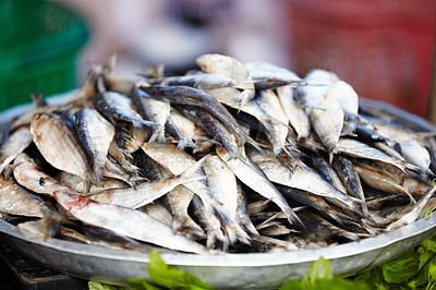 Buy stock photo Fish, food and cuisine at a street market in Thailand for nutrition or local delicacy during travel closeup. Grill, trade and seafood outdoor for purchase or experience of culture and tradition