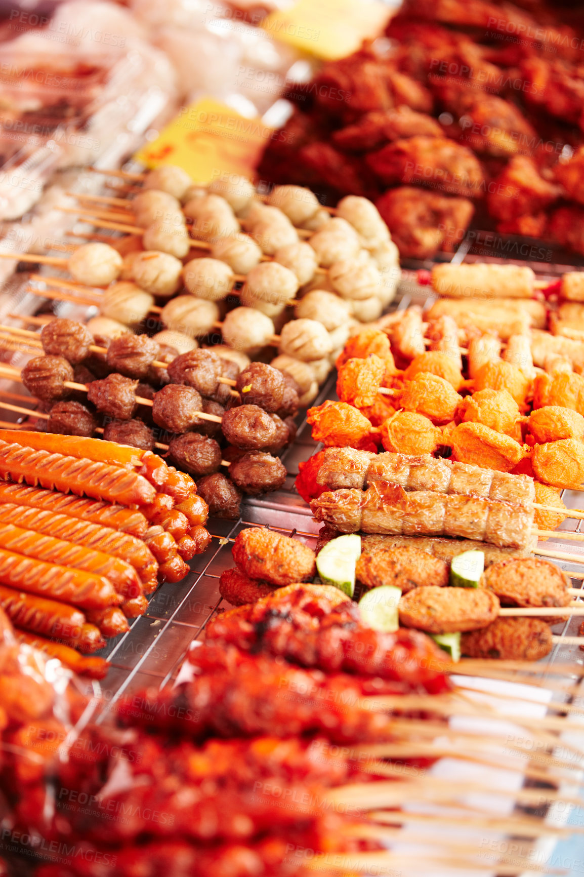 Buy stock photo Meat, skewers and local market with food sale, shopping and choice for retail or small business background. Seller or entrepreneur with sausage, pork and bbq or chicken stick for restaurant or buffet