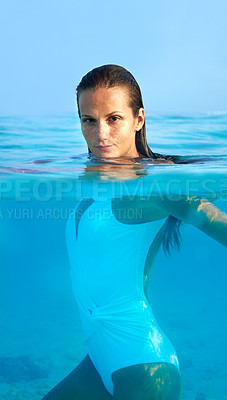 Buy stock photo Woman, portrait and ocean swimming for travel, holiday and sea water on a tropical island. Hawaii, outdoor and female person relax on a summer vacation with freedom and adventure by beach in paradise