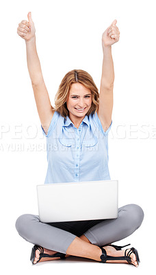 Buy stock photo Laptop, thumbs up and business woman on studio floor happy, excited and winning on white background. Portrait, hand and success sign by female entrepreneur celebrating good news, idea or mission plan