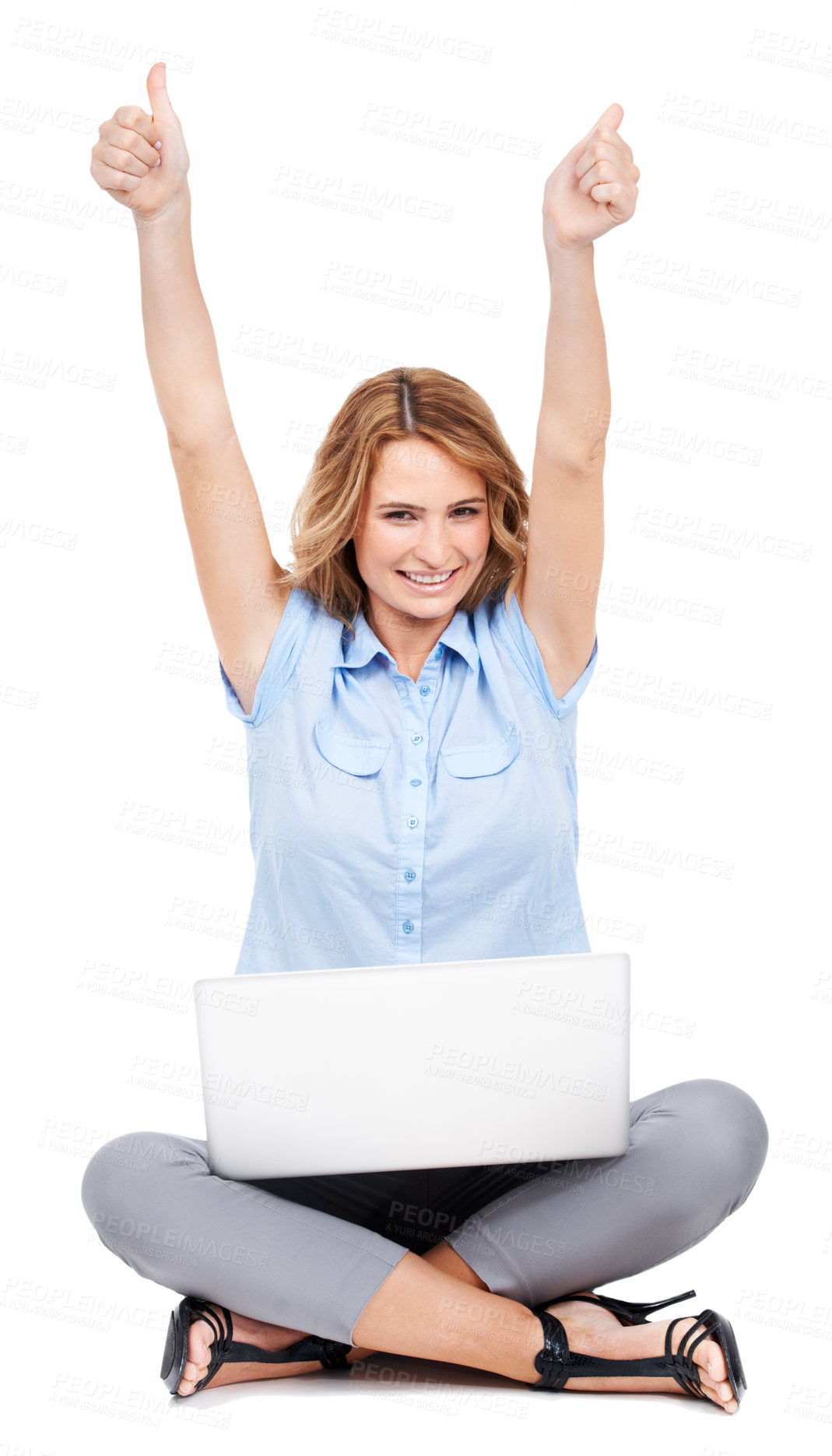 Buy stock photo Laptop, thumbs up and business woman on studio floor happy, excited and winning on white background. Portrait, hand and success sign by female entrepreneur celebrating good news, idea or mission plan