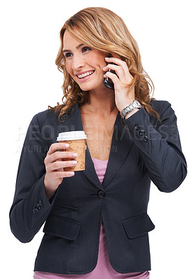 Buy stock photo Studio shot of a young woman talking on her cellphone while holding a takeaway coffee