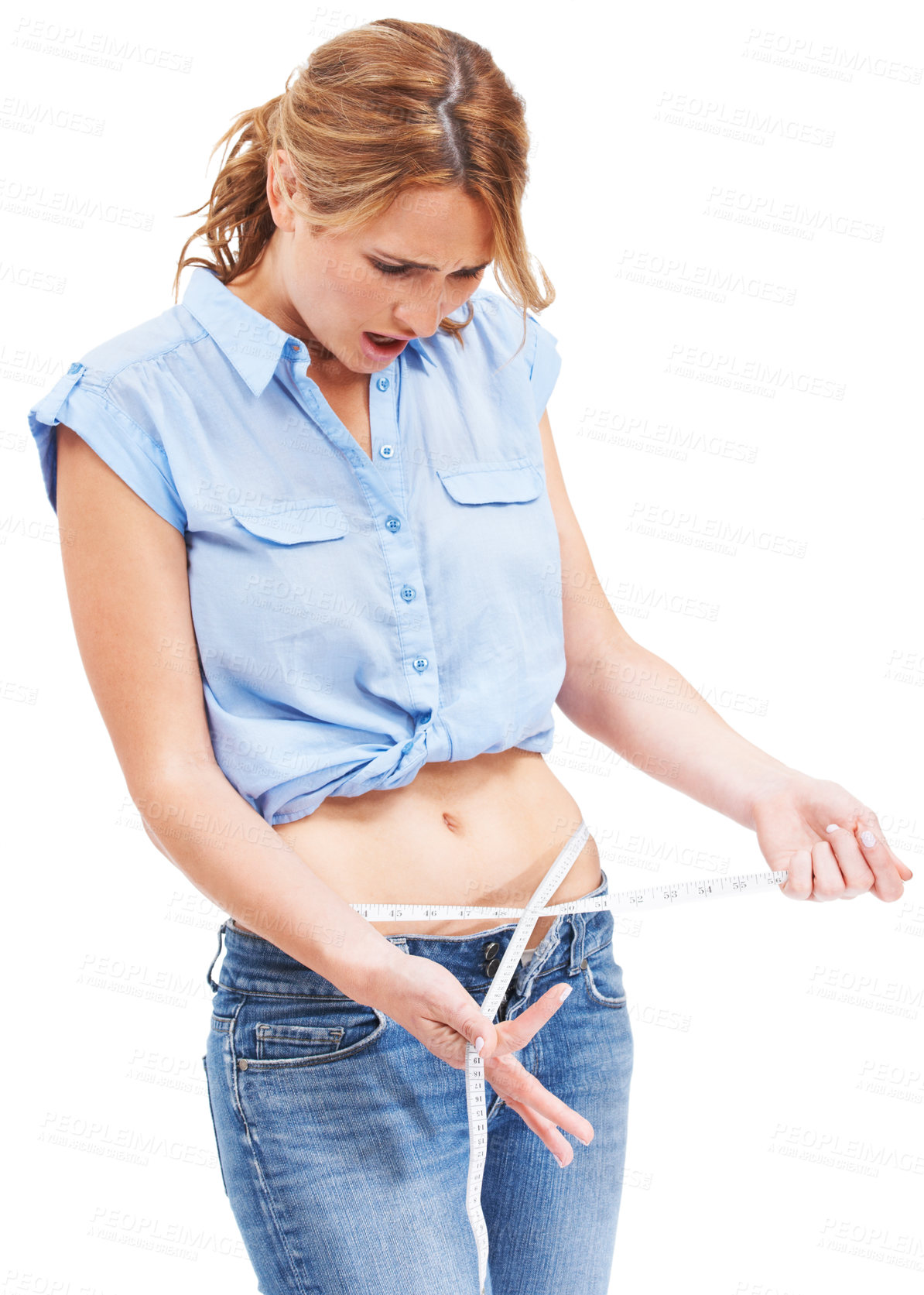 Buy stock photo Health, shock and woman with measuring tape on waist, healthy diet and wellness for body care. Figure, nutrition and flat stomach, girl tracking weight loss progress isolated on white background.
