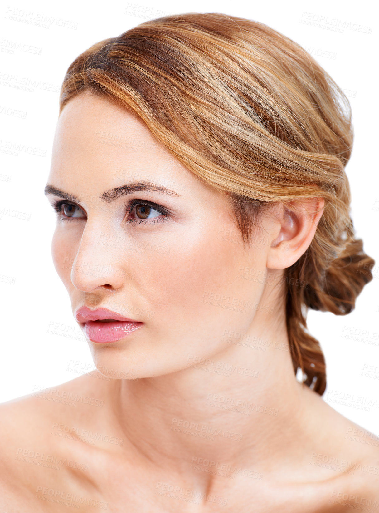 Buy stock photo Skincare, face and woman in studio for cosmetics, wellness or treatment on white background. Beauty, glowing skin and female model relax with luxury dermatology, results or body care routine or shine