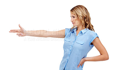 Buy stock photo Profile of beautiful young woman ready to take a shot with her fingers