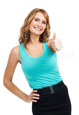 Buy stock photo Portrait, woman and thumbs up in studio for success of deal, winning bonus promotion or review on white background. Happy model show sign of emoji, feedback or vote in agreement to support excellence