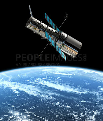 Buy stock photo Space, earth and satellite in orbit for communication, surveillance and global research. Aerospace, engineering and spacecraft for data transmission, tracking and navigation for planet observation.