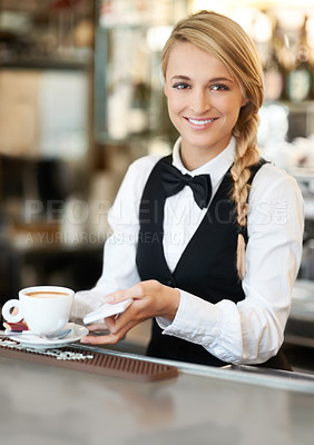 Buy stock photo Coffee, barista and portrait of woman waiter in cafe making a latte, espresso or cappuccino at an event. Hospitality, server and female employee preparing a warm beverage in cup by a bar restaurant
