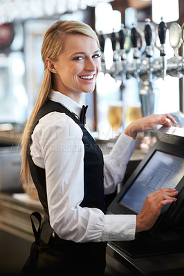 Buy stock photo Cashier, barista and portrait of woman waiteress in cafe checking for payment receipt. Hospitality, server and young female butler preparing a slip at the till by a bar in coffee shop or restaurant.