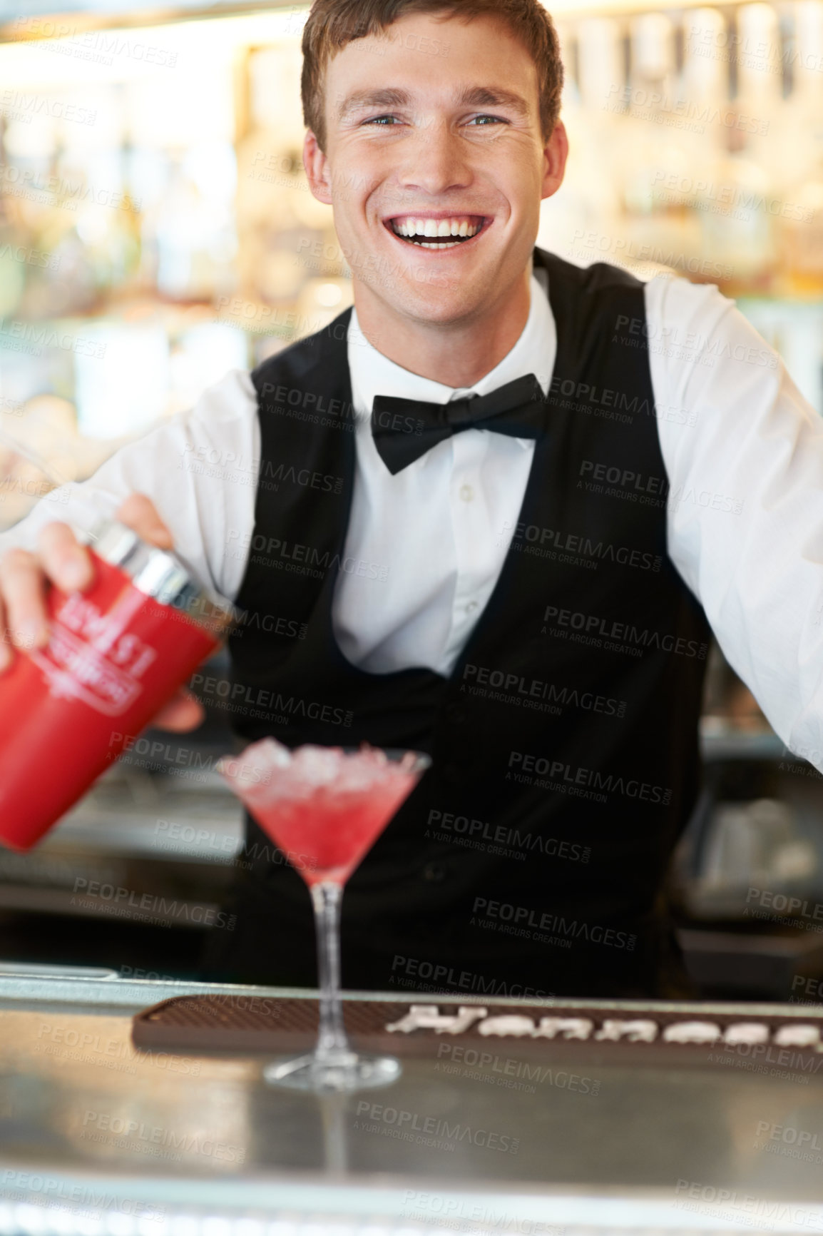 Buy stock photo Barman, happy and portrait with glass, cocktail or drink service for welcome, help or customer experience. Waiter, bartender or person with smile, container or alcohol at nightclub, pub or restaurant