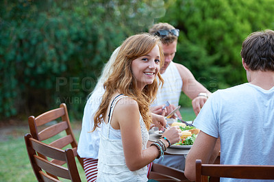 Buy stock photo Happy young teen at a lunch with a group of friends - portrait