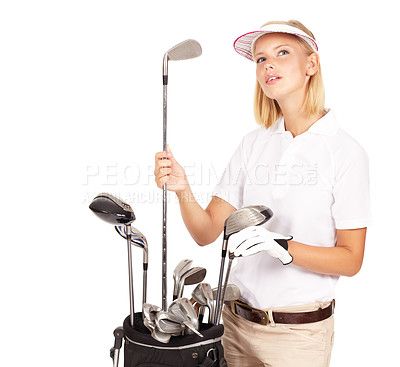 Buy stock photo Woman, golf and club bag thinking in studio for sports exercise, fitness training and golfing motivation in white background studio. Golfer gear, competition lifestyle and athlete game equipment 