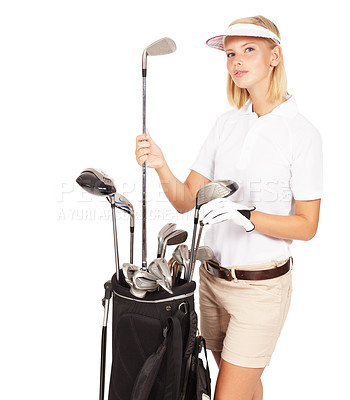 Buy stock photo Golf, woman and sport clubs portrait of a model with sports gear and isolated white background. Thinking, game club choice and female athlete with sportwear looking thoughtful with mock up space