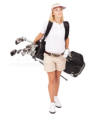 Buy stock photo Golf, fitness and woman with clubs in a studio for exercise, training or golfing motivation. Sports, athlete and female golfer with a confused expression holding equipment by a white background.