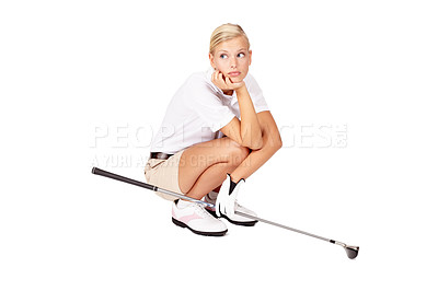 Buy stock photo Golf, woman thinking or upset face with club for sports activity or kneeling thoughtful in white background studio. Golfer, unhappy and person wondering with golf club, annoyed or waiting for golfing