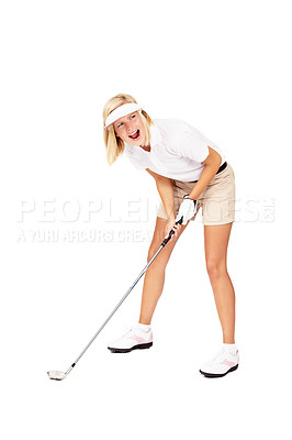 Buy stock photo Woman, golf and stick ready for sports game, match or fun golfing against a white studio background. Happy blond female golfer isolated in sport with golf club screaming in frustration after shot