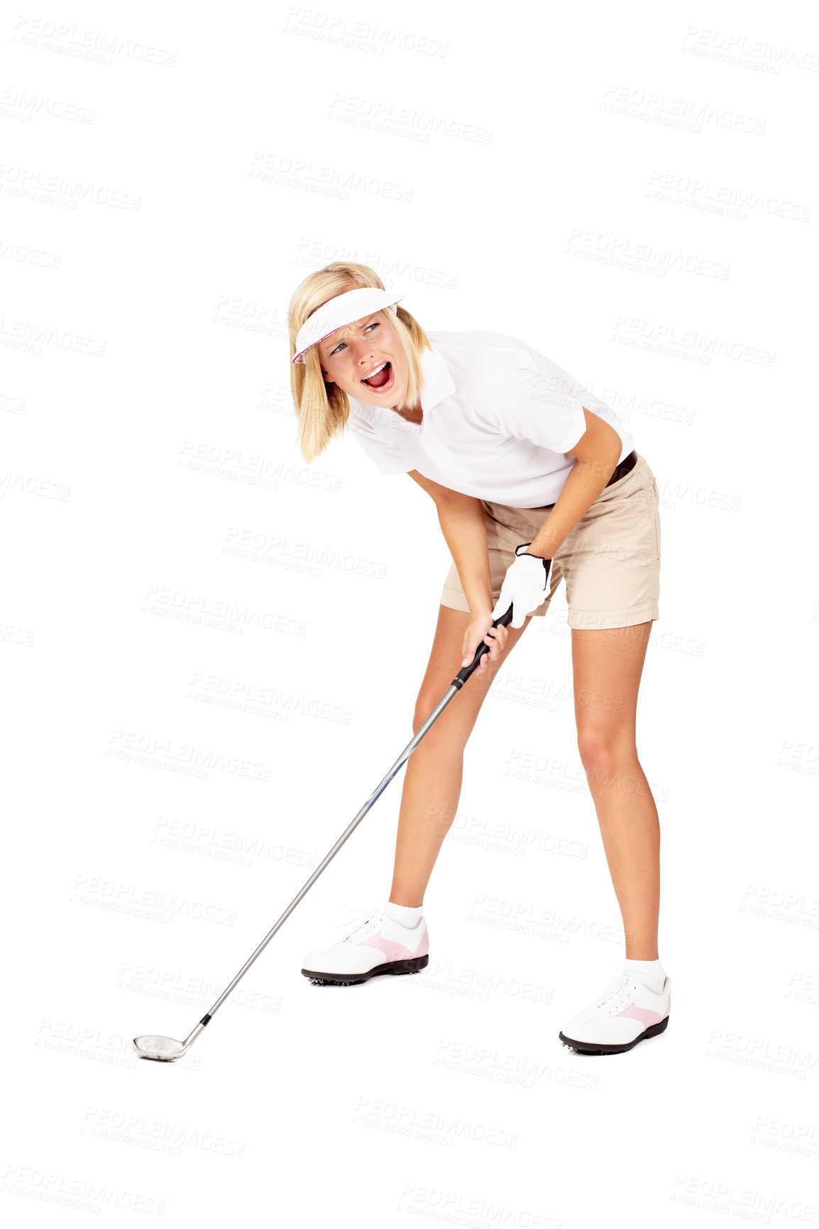 Buy stock photo Woman, golf and stick ready for sports game, match or fun golfing against a white studio background. Happy blond female golfer isolated in sport with golf club screaming in frustration after shot