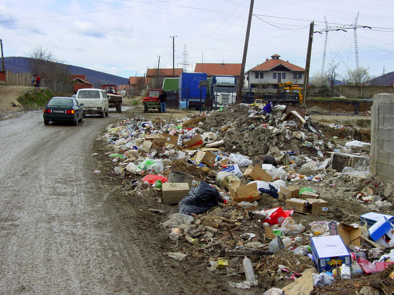 Buy stock photo War, ruins and damage, street with trash, rubble and disaster in politics, culture and social crisis. History of conflict, village road and demolition of buildings, government and community in Europe