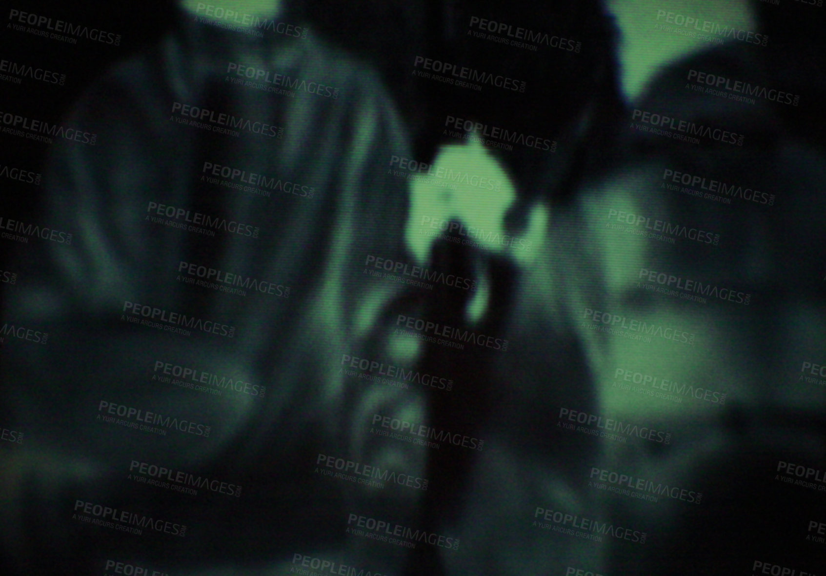 Buy stock photo Night, vision and silhouette of military, soldier or spy in meeting with terrorist on secret mission. Dark, green and person in cybersecurity scope or agent training for army, conflict or operation
