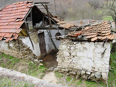 Buy stock photo Abandoned, house and outdoor with war, ruins and destruction of countryside property from bomb. Warzone, building or broken roof damage on home or cottage shed in rural, farm or woods in nature 