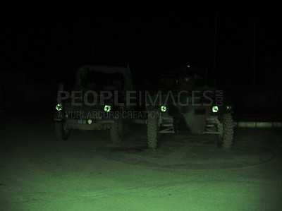 Buy stock photo Night vision, military and vehicle in dark for army battle, target or enemy scan on battlefield or camp. Cars, transport and armed forces for attack, operation or armor outdoor with patrol or defense