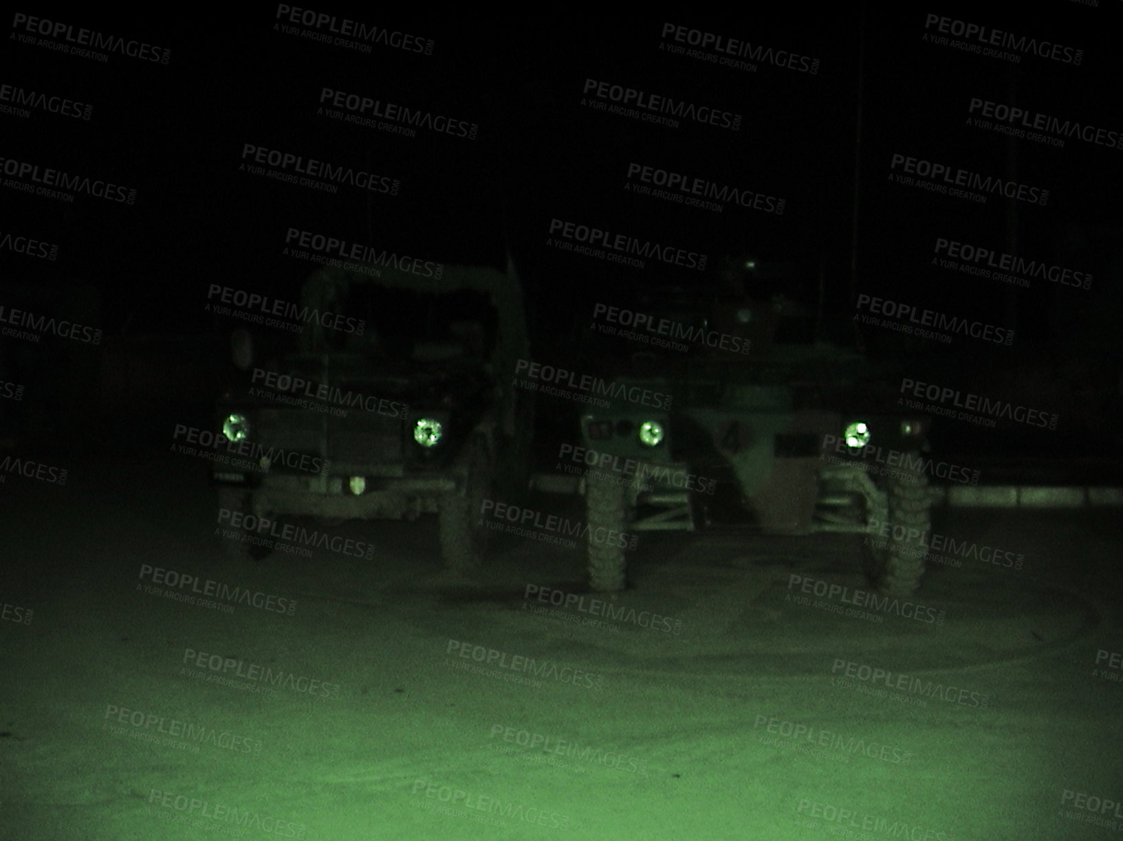 Buy stock photo Night vision, military and vehicle in dark for army battle, target or enemy scan on battlefield or camp. Cars, transport and armed forces for attack, operation or armor outdoor with patrol or defense