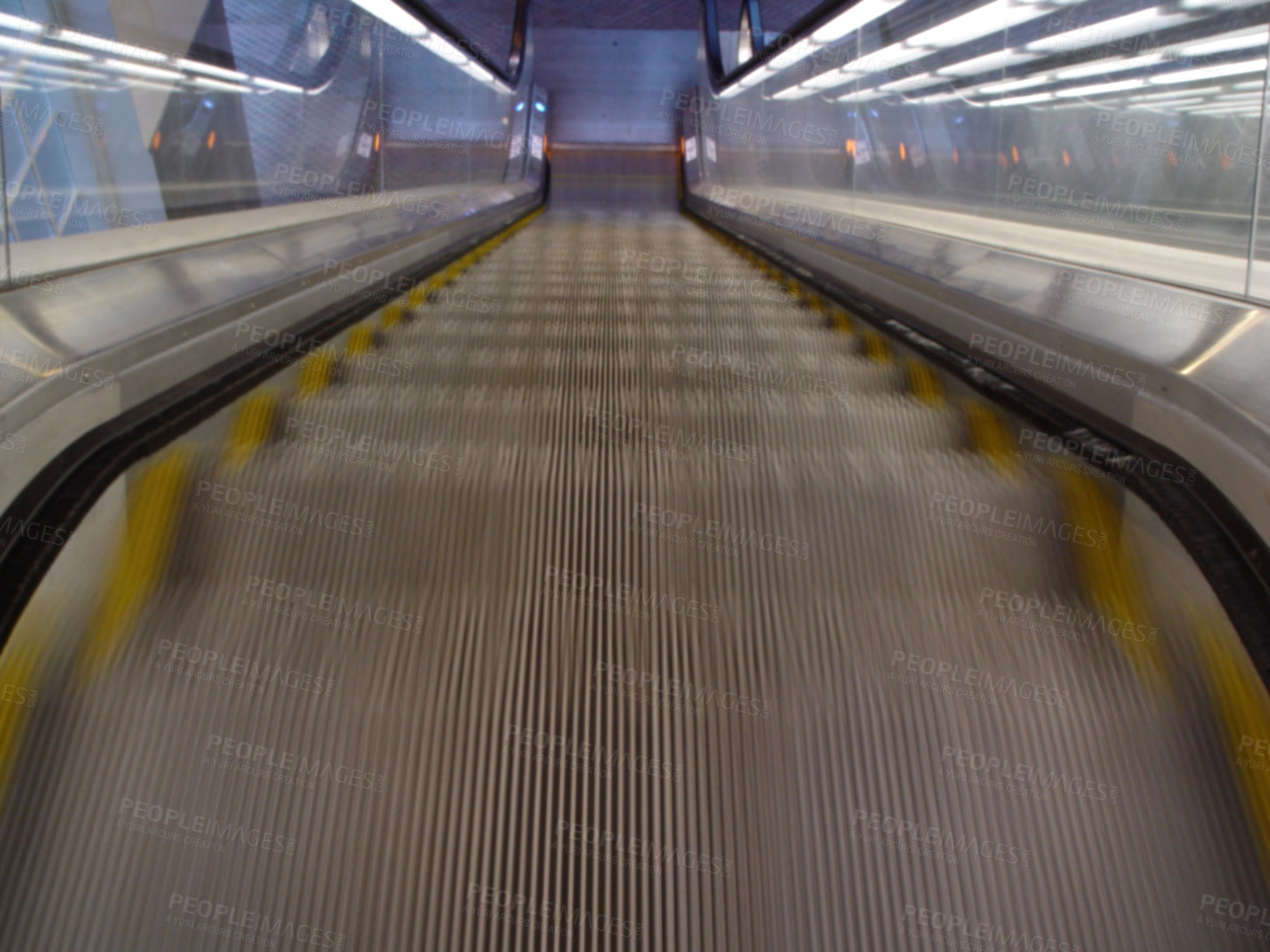 Buy stock photo Top view, stairs and escalator in modern building for travel, moving and transport in airport. Metal, steel and closeup of electrical stairway in shopping mall, office or subway for urban commute