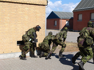 Buy stock photo Army, soldiers and team in battle on battlefield, service or training for fitness, exercise or challenge outdoor. Military, people or mission with support for partner, bootcamp or survival at war.