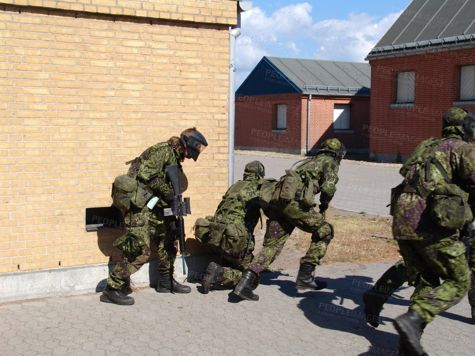 Buy stock photo Army, soldiers and team in battle on battlefield, service or training for fitness, exercise or challenge outdoor. Military, people or mission with support for partner, bootcamp or survival at war.