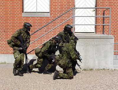 Buy stock photo Camouflage, soldier and training by building with weapon for fitness, exercise or challenge outdoor with gear. Military, people and hiding for target, mission or bootcamp with helmet for survival