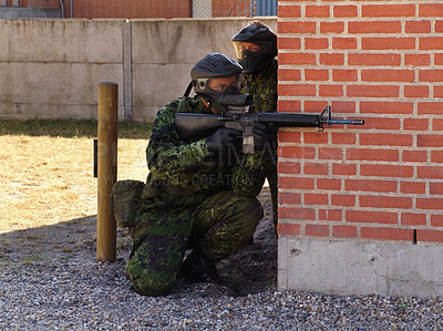 Buy stock photo Soldiers keeping an eye out for enemies during an intense training exercise