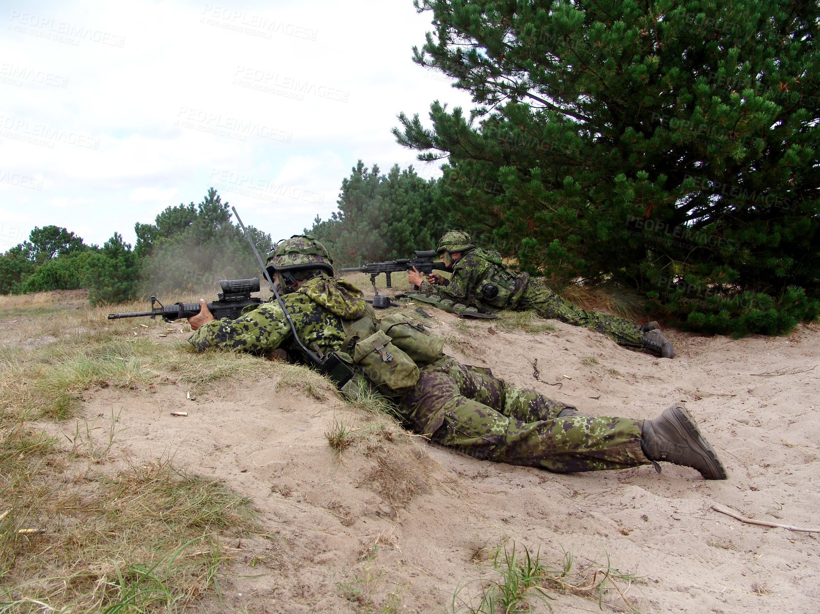 Buy stock photo Military, soldier and target with weapon and aim for fitness, battle or challenge outdoor with gear or hiding. Army, people and attack for workout, mission or bootcamp with camouflage for survival