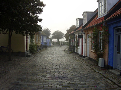 Buy stock photo Cottage, cobblestone street and village, travel and neighborhood in Denmark with landscape or background. Traditional, town and tourism with road, property or houses, architecture and countryside